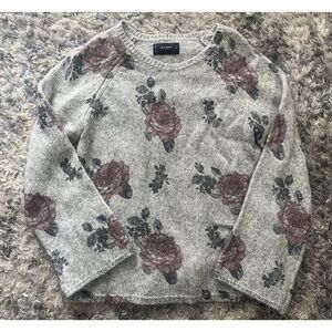 Lucky Brand Pullover Knit Sweater Gray Floral Sz M Wool Blend